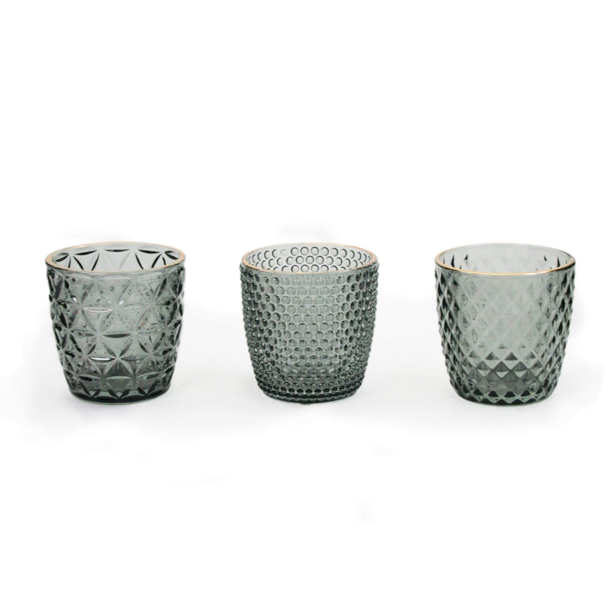 teelichthalter-grau-glas-mit-goldrand-mieten-2 Tea light holder SMOKE - set of 3