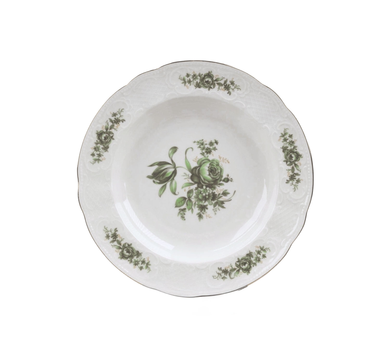Suppenteller Bellerose | Nostalgisches Porzellan mit grünem Blumenmuster mieten Antiker Suppenteller Bellerose mit botanischem Dekor und Goldrand von Seltmann Weiden