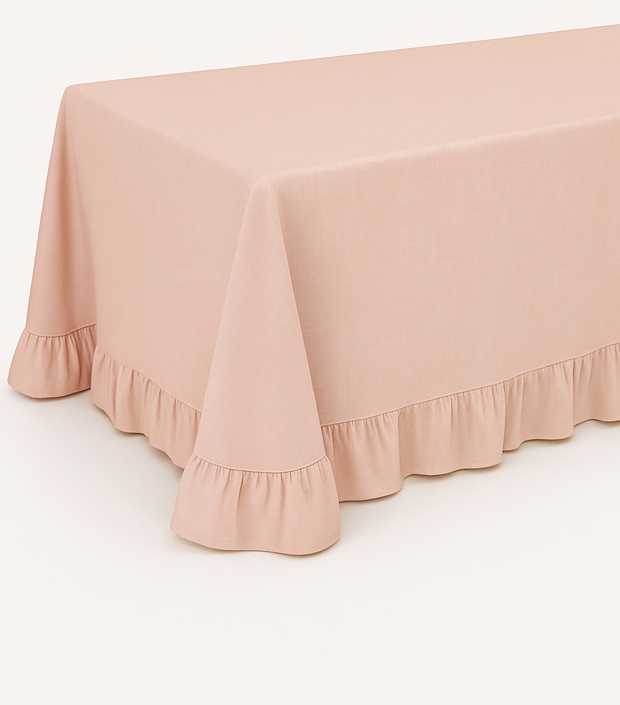 Leinentischdecke Champagner mit Rüsche mieten – VOLANT Leinentischdecke Champagner VOLANT mit Rüsche für elegante Hochzeiten und Events, Mietartikel von Magnolias on Silk